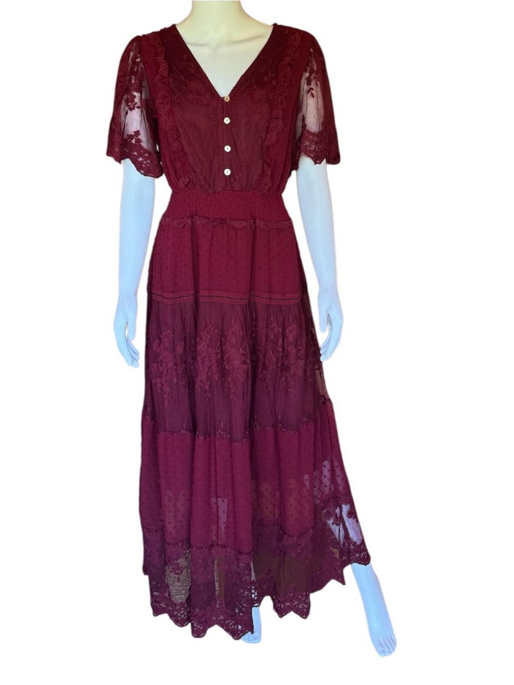 Women's Burgundy Lace Maxi Dress with V-Neck and Smocked Waist